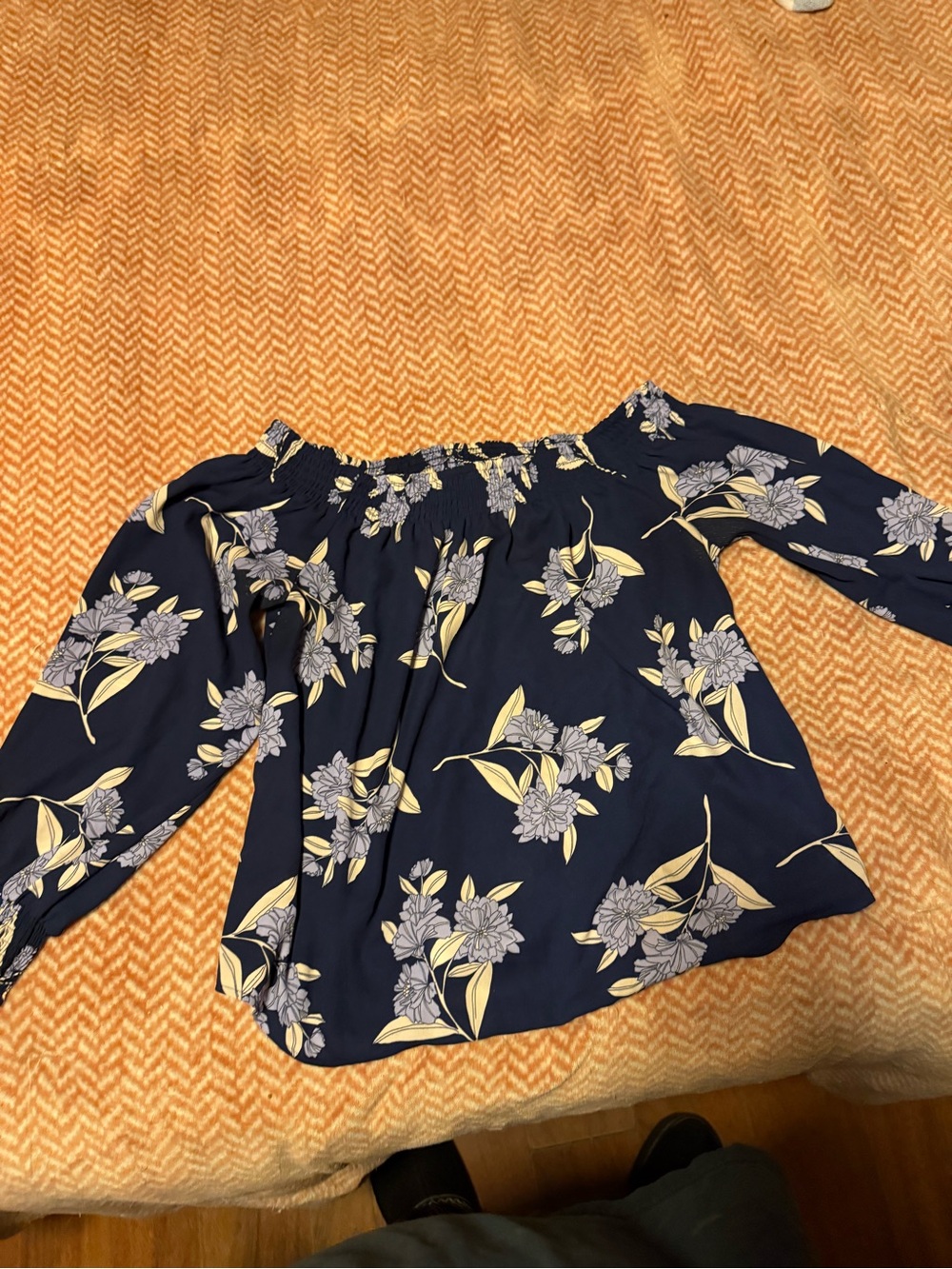 Express Navy Floral Blouse with White Accents